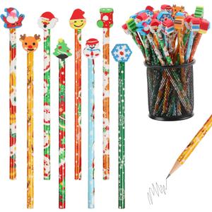 CCINEE 80 Pcs Christmas Pencils With Giant Eraser Toppers for Kids,Elk Snowman Snowflake Assortment Christmas Stationery Pencils for Xmas Party Favor Goodie Bag Stuffers School Prizes