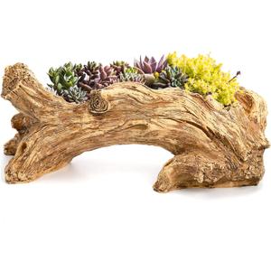Hiceeden Artificial Driftwood Succulent Planter, Resin Tree Stump Sculpture Rustic Cactus Flower Pot for Herb, Strawberry, Small Plants, Natural Color Drainage Hole, 14.6" L x 4.3" W x 5.1" H