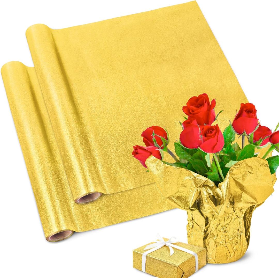 UCandy 2 Roll 5.5 Yard Plant Pot Floral Foil, Matte Texture Floral Foil Festival Plant Pot Covers, Golden Florals Foils Wrapping Paper for Home Garden Pots Vases DIY Mother's Day Decoration