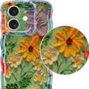 Jusy Compatible with iPhone 12, Colorful Retro Oil Painting Printed Flower Laser Glossy Pattern Cute Curly Wave Phone Case Soft TPU Cover for Girly Women - Green Yellow