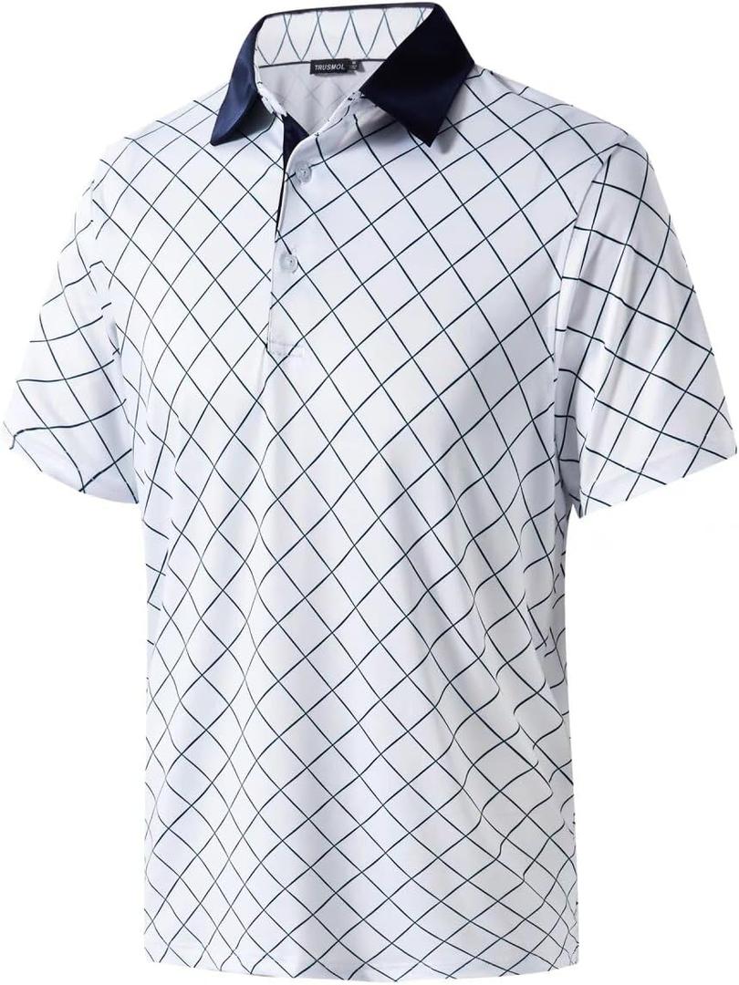 Golf Shirts for Men Dry Fit Performance Print Short Sleeve Moisture Wicking Golf Polo Shirts (X-Large, White Diamond)
