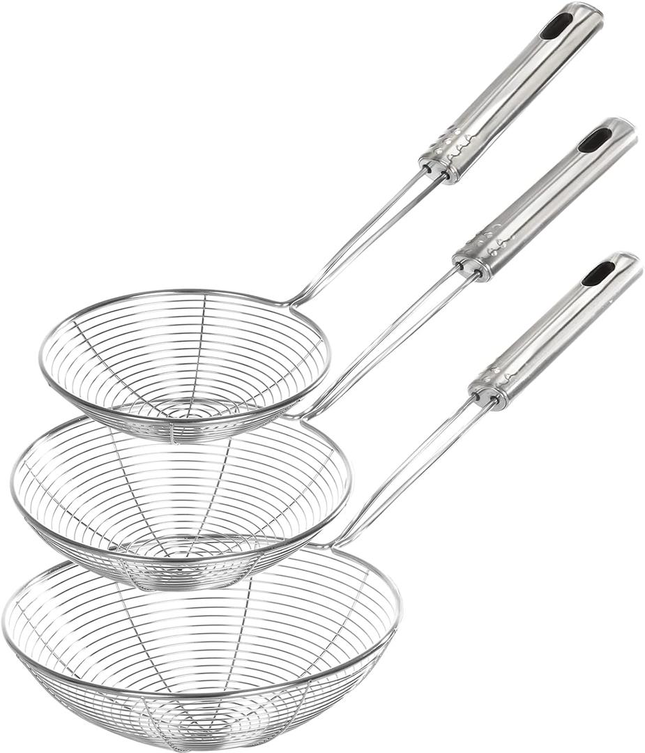 Enhanced Version Stainless Steel Spider Strainer Skimmer Ladle, Set of 3 Sizes Kitchen Strainer Spoon for Cooking and Frying, Pasta Strainer, Food Preparation-32.5cm, 36cm, 38cm