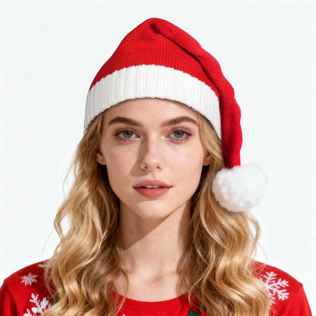 Vruxuri Santa Christmas Hat Washable Knitted Soft Xmas Red Hat for New Year Festive Holiday Party Outdoor Winter (2 Pack, Adult)