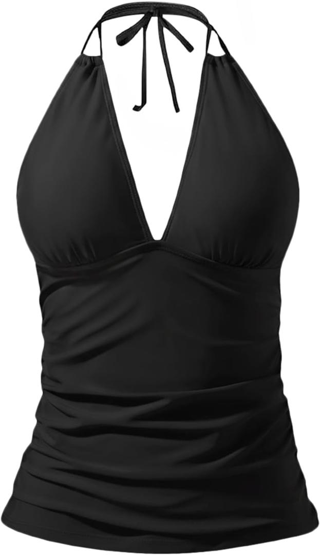 Yonique Women's Halter Tankini Top V Neck Swim Top Tummy Control Bathing Suit (Large, Black)
