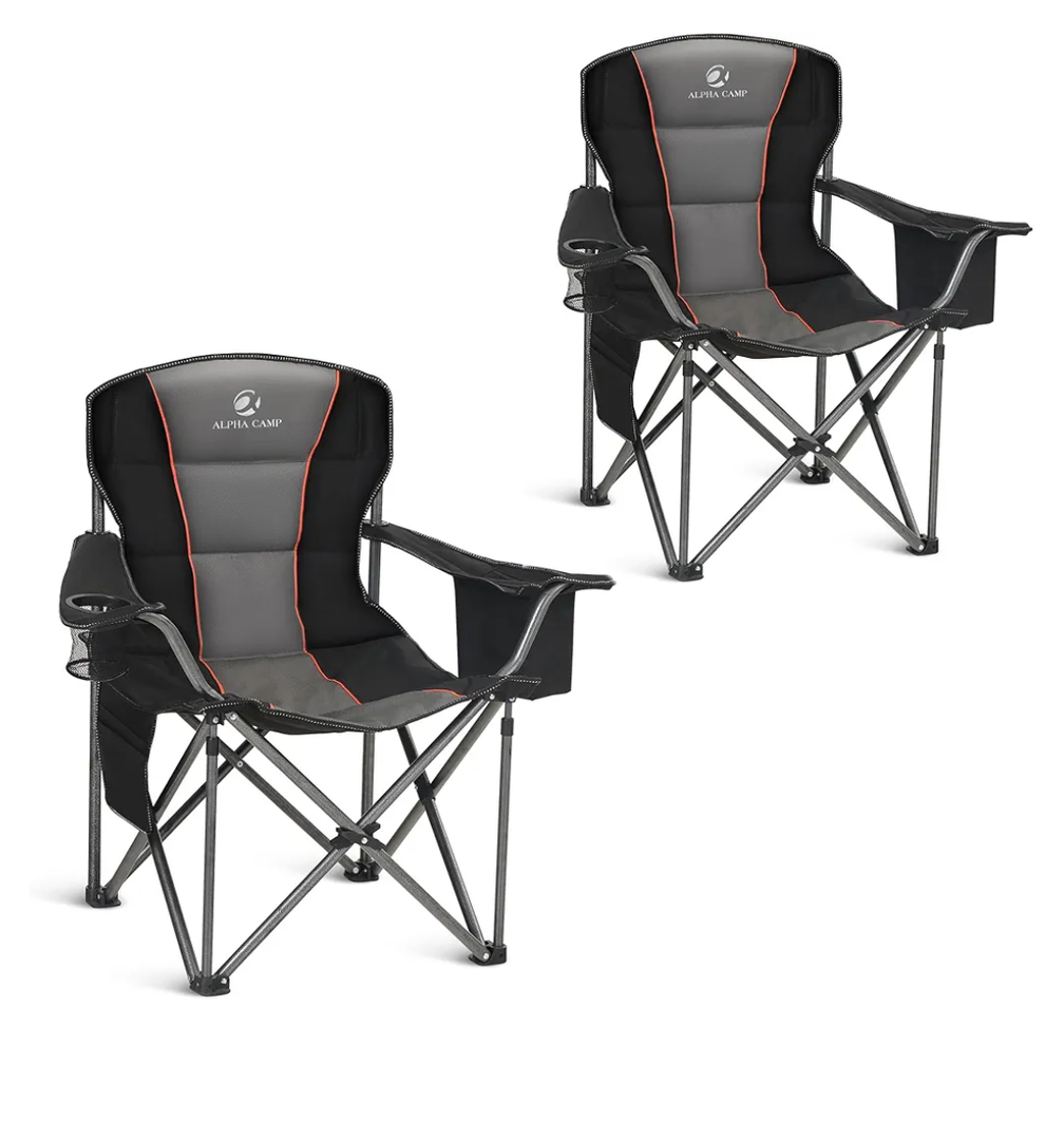 ALPHA CAMP Oversized Camping Folding Chair, Heavy Duty Support 450 LBS Steel Frame Collapsible Padded Arm Chair with Cup Holder Quad Lumbar Back, Portable for Outdoor