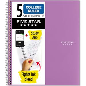 Five Star Spiral Notebook + Study App, 5 Subject, College Ruled Paper, 8-1/2" x 11", 200 Sheets, Fights Ink Bleed, Water Resistant Cover, Amethyst Purple (38748)
