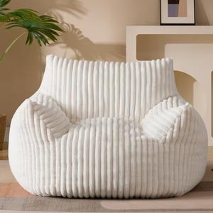Giant Plush Bean Bag Chair for Adults with Armrests - Oversized Comfy Light Grey Beanbag Lounge Lazy Floor Sofa Accent Chair for Living Room, Bedroom & Dorm, Cozy Fluffy Single Cloud Mini Couch
