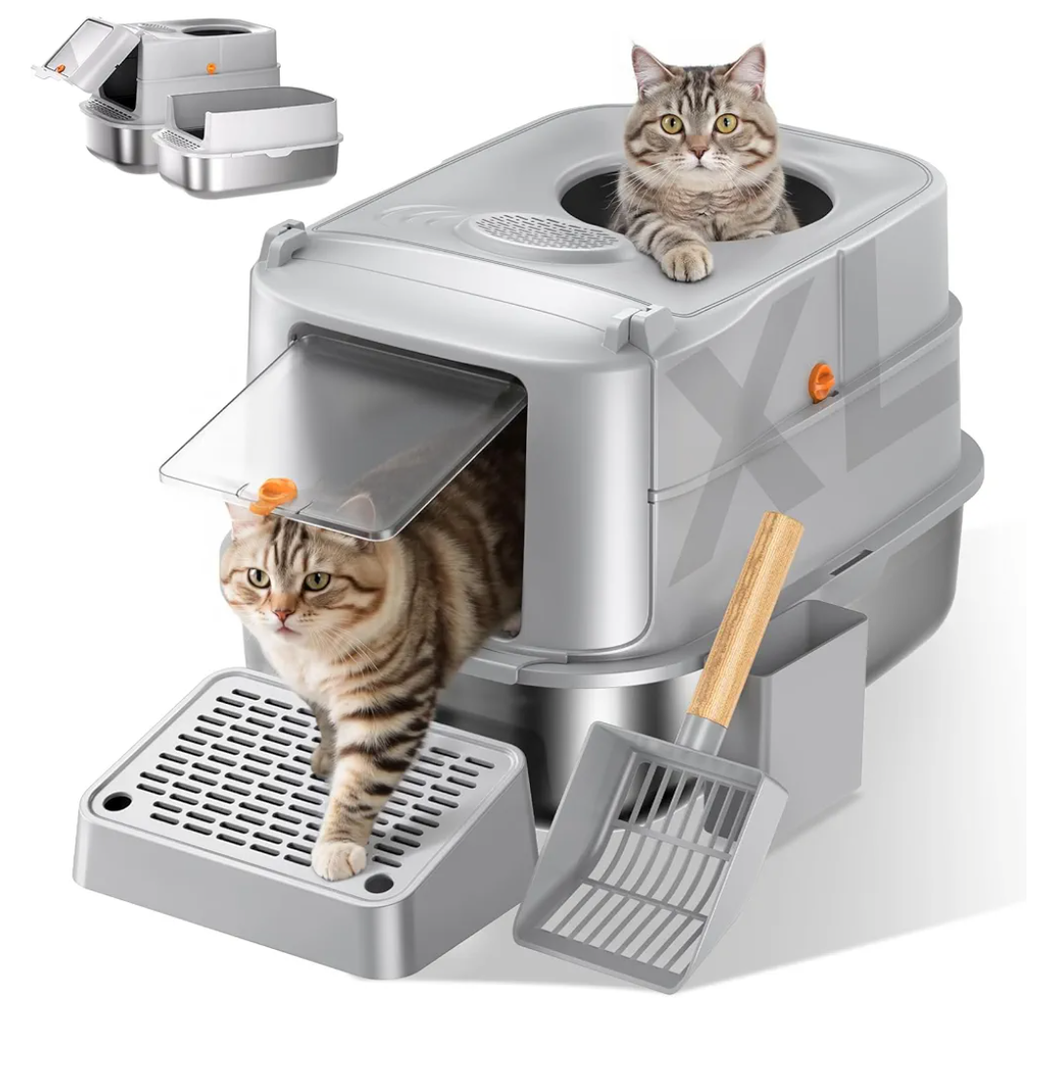 Stainless Steel Cat Litter Box with Lid, XL Extra Large Metal Litter Box for Big Cats, 180° Flip Cover Enclosed Top Entry Litter Boxs with High Sided Enclosure & Scoop, Non-Sticky, Anti-Leakage
