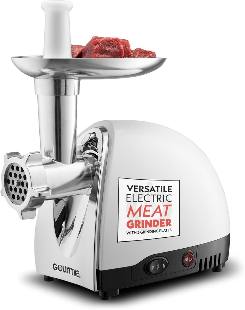 Gourmia Electric Meat Grinder 500W Commercial Grade Meat Processor with Sausage Stuffer, 3 Stainless Steel Grind Plates Fine to Coarse, Stainless Steel