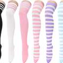 Zando Women's 6-Pack Cotton Thigh High Over Knee Socks - Striped Boot Socks & Leg Warmers for Daily, Sports, Cosplay, One Size