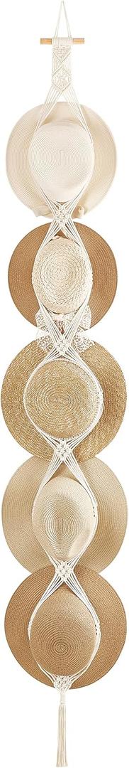 Dahey Macrame Hat Hangers Hat Rack for Wall Cowboy Hat Organizer Hanging Display Hand Weaving Bobo Hat Holder Westen Decor for Wide Brim Hats Bowler Fedora Hats, 5 Hats Style (Off White)