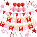 Birthday Decorations,Red Happy Birthday Banner with Fairy lights,Pennant Banner,Honeycomb Balls and Star Hanging Swirls Streamer Happy Birthday Party Decorations for Women Men Boys Girls