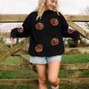 VILOVE Halloween Pumpkin Sequin Sweatshirt Women: Pumpkin Face Long Sleeve Tops Fall Hoodie Party Pullover (Pink, XL)