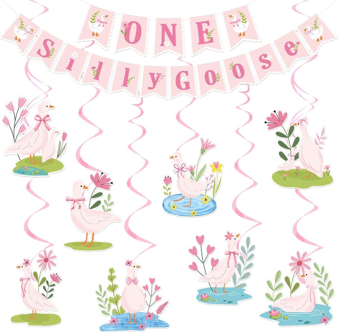 One Silly Goose Decorations - 10 Pcs Pink Goosey Birthday Party Hanging Swirls Set for Kids Girls Flower Banner Decor for Wall Ceiling Cute First Streamer Backdrop Supplies Paper Ornaments