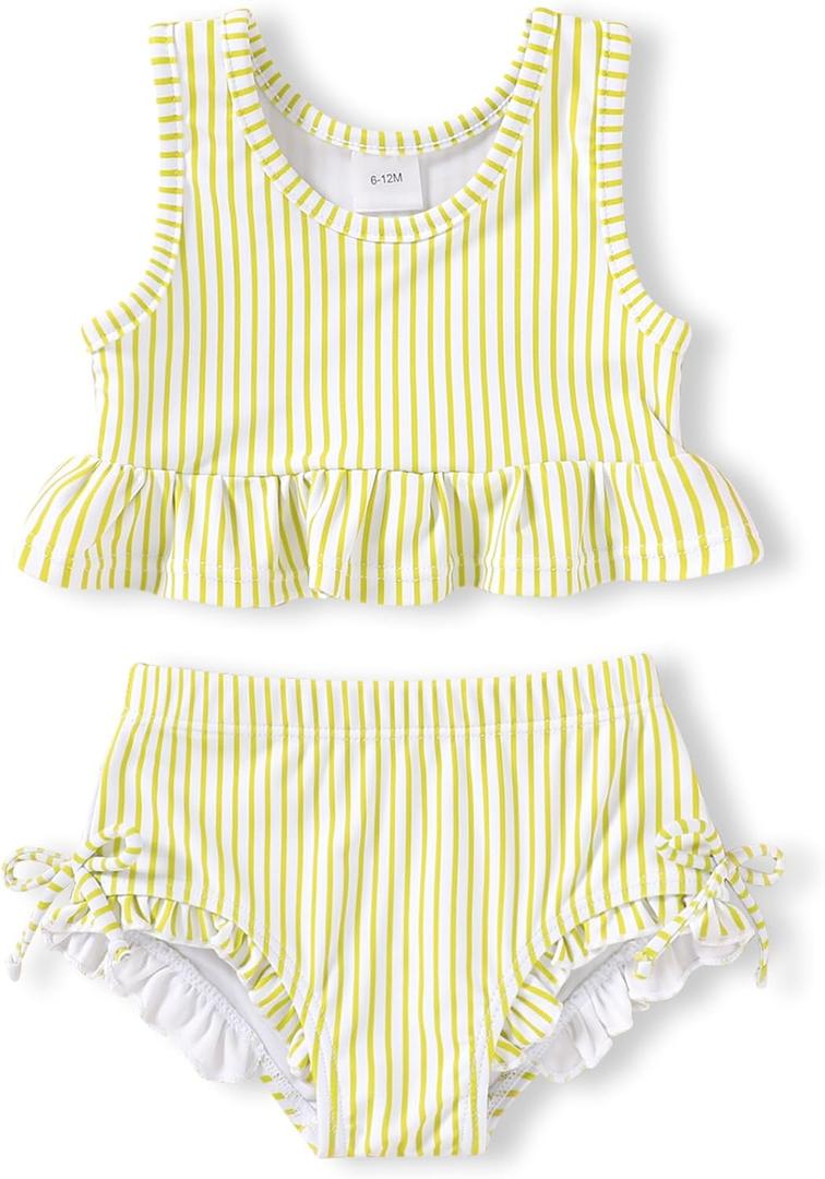 HAPPYMA Baby Swimsuit Toddler Girl Bathing Suit Summer Stripe Bikini Set Beach Two Piece Swim Wear (3-4T, Yellow)