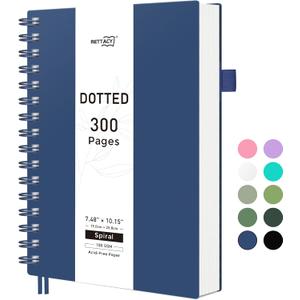 RETTACY Bullet Dotted Journal Notebook, 300 Pages, B5 Medium Size (7.4''  10''), 100 GSM Thick Paper, Flexible Plastic Cover, Spiral-bound, for Bullet Journaling, Planning, Tracking (Navy Blue)