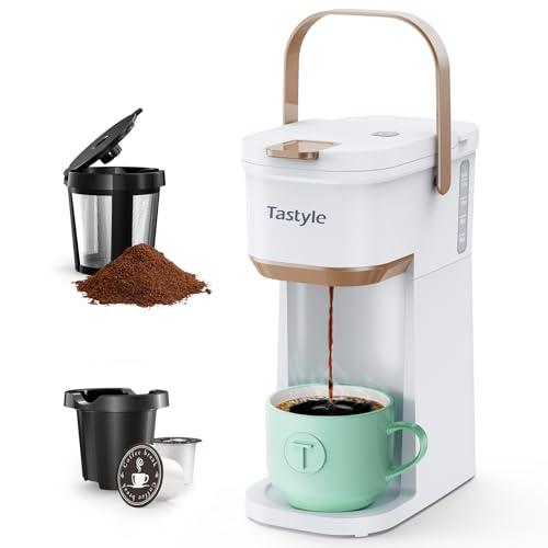Tastyle Single Serve One Cup Coffee Maker, for K Cups and Grounds, Mini Coffee Maker with Portable Handle, 6 to 12 Oz Brew Size, for Travel, Camping, Office, RV and Dorm, 120V, White and Brown