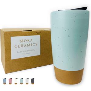 Mora Double Wall Ceramic Coffee Travel Mug with Lid, 14 oz, Portable, Microwave, Dishwasher Safe, Insulated Reusable Tall Cup, Splash Resistant Lid - To Go Tumbler for Car Cup Holder, Seafoam