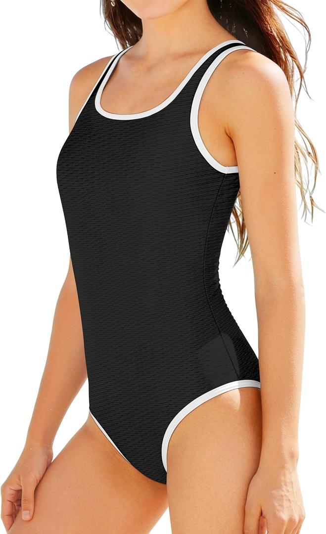 Girls Swimsuit Scoop Neck Contrast Color Piping One Piece Bathing Suit Adjustable Straps Bathing Suit for Girls, Size: 13-14 Years