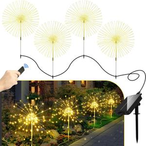 Anordsem Solar Fireworks Lights Outdoor: 4 Bendable Copper Wire 120 LEDs String Lighting - Waterproof DIY Warm Decoration for Yard Garden Proch - Gardening Gifts for Garden Lovers (4 Pack (wired in series))