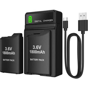 PSP Battery and Charger, 2Pcs 1800mAh 3.6v Lithium Polymer Replacement Rechargeable Batteries with LED Charging Station for PSP 1000 1001, PSP-110, PSP Fat Console