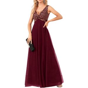 Women's Sequin Sparkly Dresses Evening Gowns Tulle Long Empire Waist Twist Formal Wedding Guest Party Maxi Dress (Burgundy) S