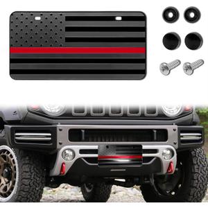 American Flag License Plate, Aluminum 3D Metal Embossed License Plate with USA Flag, Patriotic Embossed License Plate Bracket Frame Holder, 6 x 12 Inch (Black+Red)