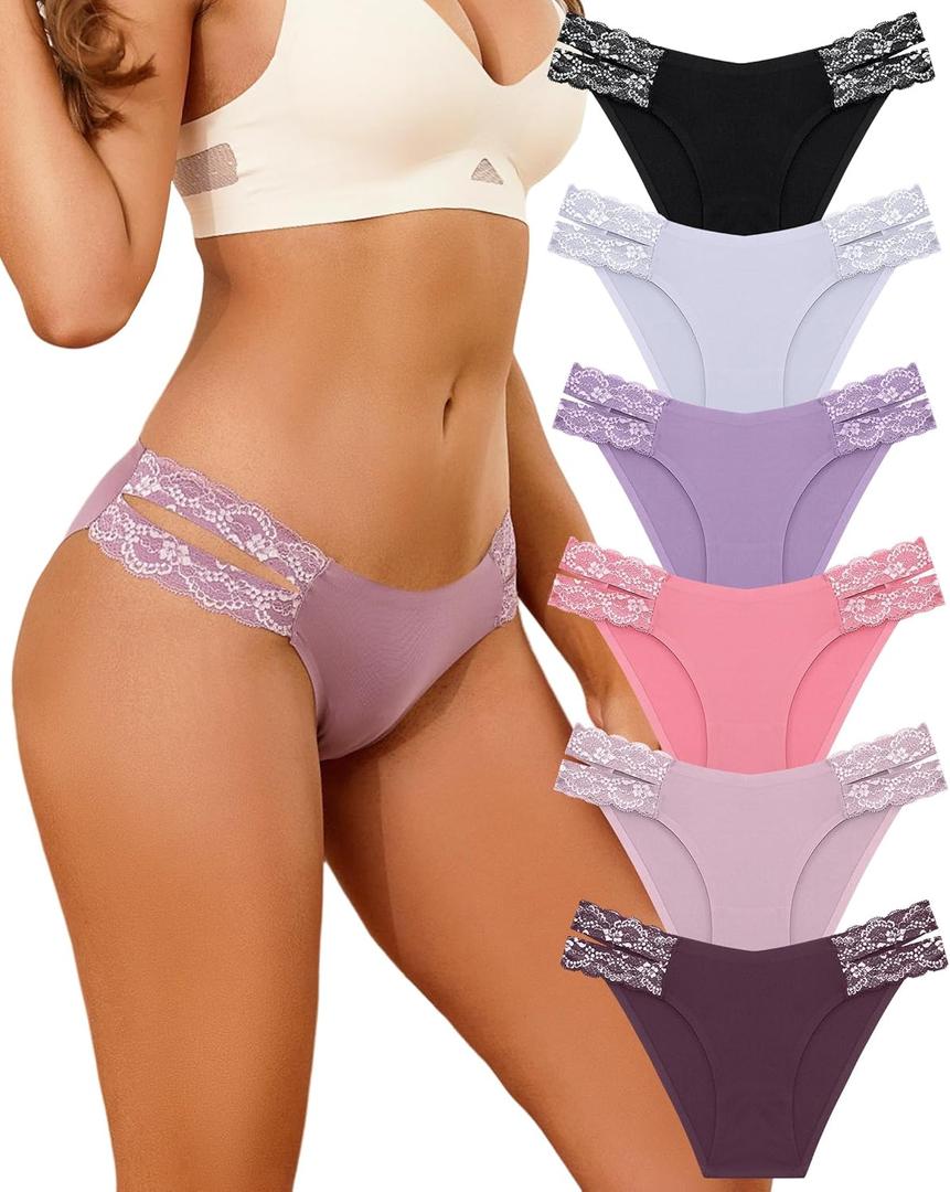 FINETOO Seamless Underwear for Women Cheeky Bikini Panties High Cut V-waist Lace Underwear Women Cute Bikinis 6 Pack (Large)