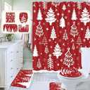 KMCCUMBER 4 Pcs Christmas Bathroom Sets with Christmas Shower Curtain Non Slip Rug Toilet Lid Cover and Bath Mat, Winter Shower Curtain Set for Kitchen Toilet Bathroom Decor (Red)