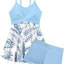 Girls Swimsuits Criss Cross Tropical Print Mesh Dress Bathing Suits with Shorts 2 Piece Tankini for Teens, 11-12Y