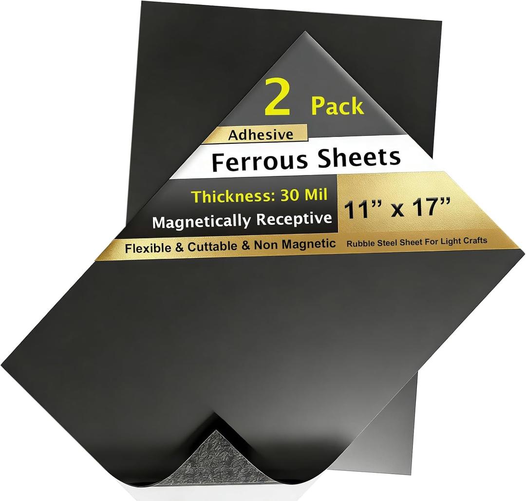 2 Pack, 11"x17" Adhesive Ferrous Sheets for Magnet, Flexible Steel Vinyl Magnetically-Receptive Sheet, Flat Rubber Metal Steel Pad, Flexible Iron Mat Work with All Magnets, 11"X17"-2Pcs
