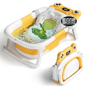 BUNWAG Baby Bathtub, Collapsible Newborn Bathtub for Infant to Toddler with Soft Cushion and Thermometer,Portable Travel Newborn Tub with No-Slip Feet, Baby Shower Gifts, 0-12 Months Baby Bath, Yellow