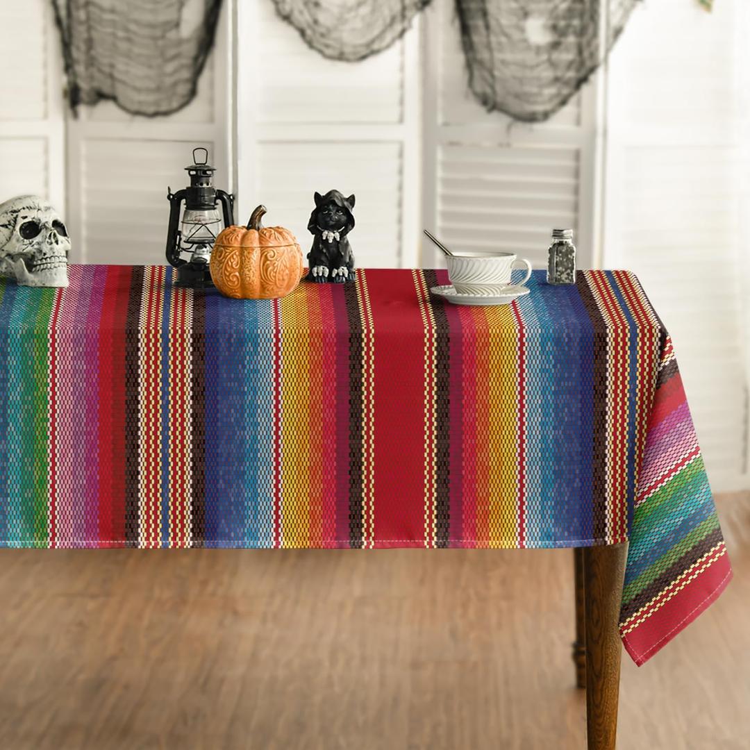 Horaldaily Mexico Tablecloth 60"x84" Rectangular, Halloween Cinco De Mayo Fiesta Colorful Stripes Washable Seasonal Table Cover for Party Picnic Dinner Decor