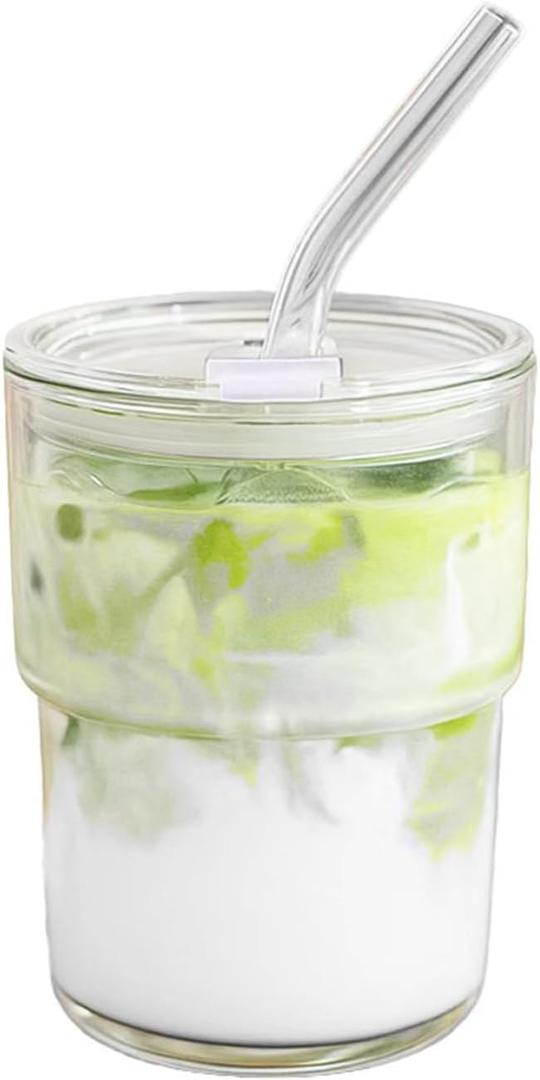 13oz Glass Tumbler with Straw and Lid Sealed, Carry On Reusable Iced Coffee Cups,Thick Wall Glass Coffee Drinking Glassware Cups (A1-clear)
