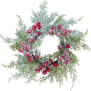 Winlyn 4 Pcs Artificial Snowy Cedar Candle Rings Red Berry Christmas Candle Holder Wreath Rings Mini Snowy Christmas Wreaths Faux Cedar Twigs Wreath 12.2 Wide for Winter Wedding Holiday Table Dcor