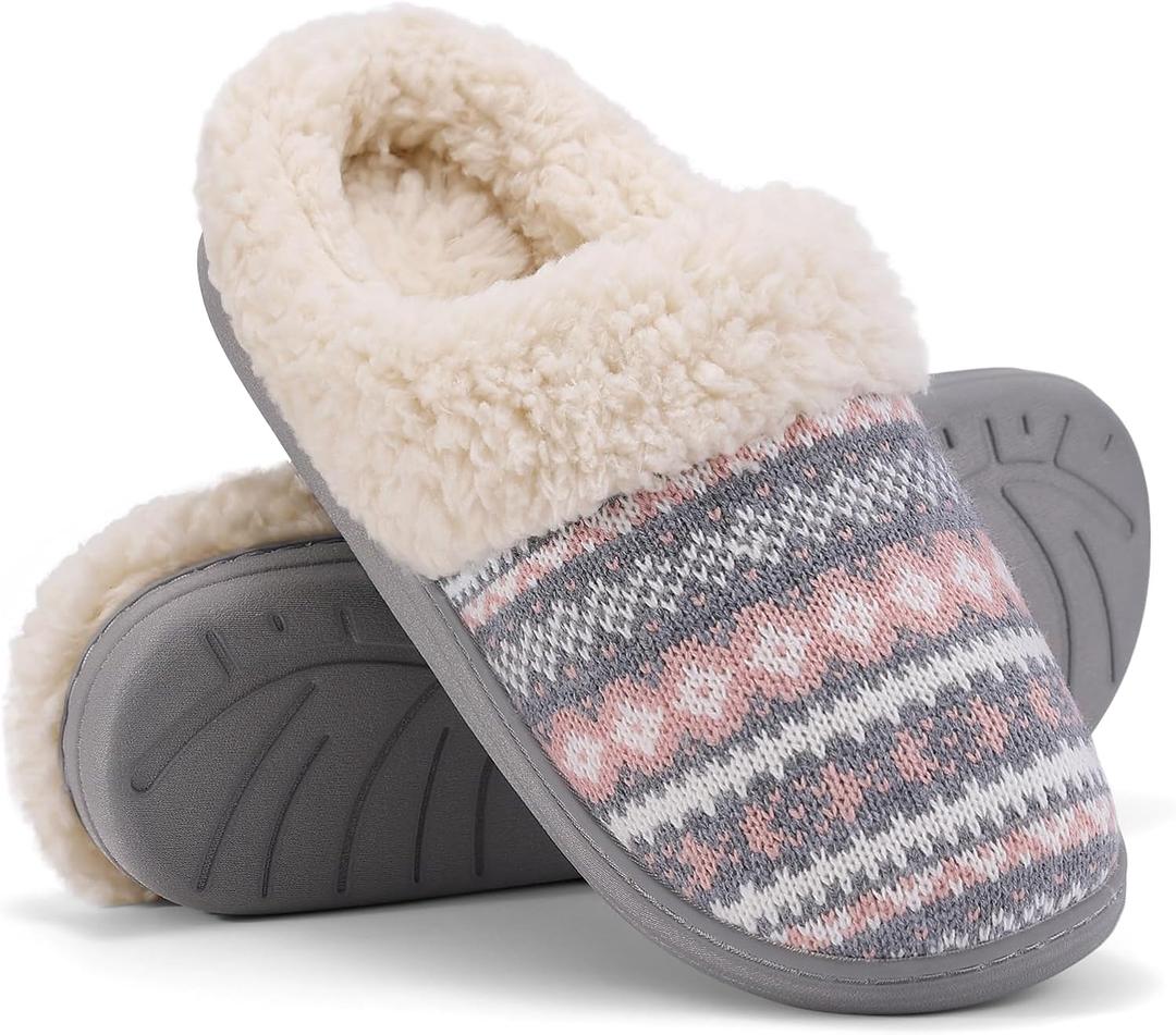 Evshine Warm Knit House Slippers for Women Comfy Fleece Lined Winter Slippers with Memory Foam and Indoor Outdoor Soles (8-9, Pink)