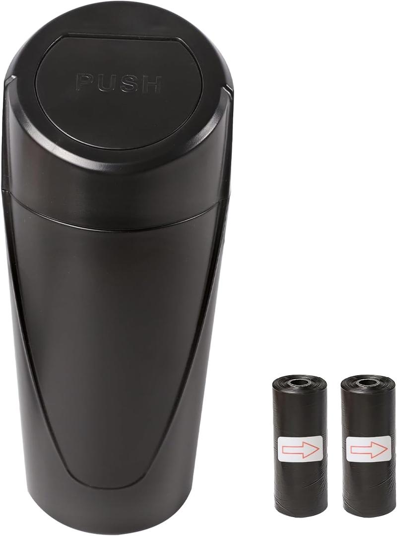 Hovom Mini Car Trash Can with Lid, Portable Garbage Can for Car, Leakproof Cup Holder Automotive Garbage Bin with 2 Rolls of Trash Bags, Small Trash Storage Can for Car Home Office(Black)