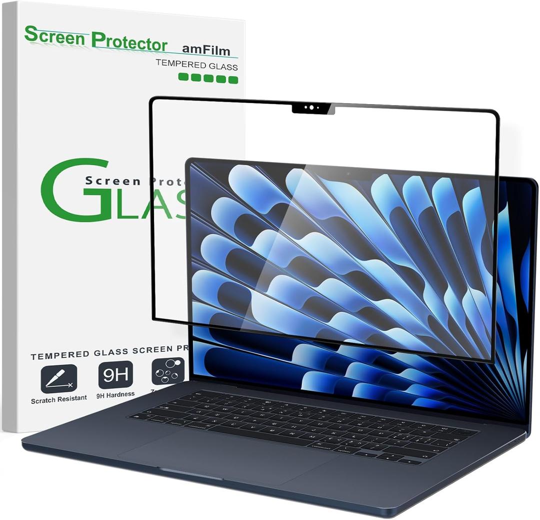 AmFilm Designed for MacBook Air 15-Inch (M4 Chip/M3 Chip/M2 Chip, 2023-2025 Released) Tempered Glass Screen Protector [Zero Bubbles][9H Hardness][ Anti-Scratch][ Anti-Fingerprint], 1 Pack