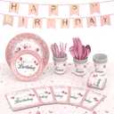 212Pcs Pink Birthday Decorations Disposable Dinnerware Sets,Birthday Party Supplies Plates Napkins Set Baby Shower Birthdays Party Plate Pink Set With Banners Cups Forks knives Spoons Serve 24