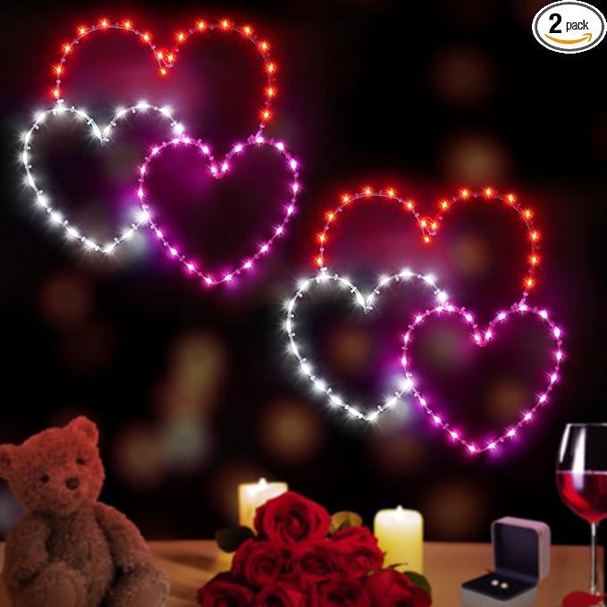 ILLUMINEW 2 Pack Valentine's Day Heart Window Lights, 8 Lighting Modes Red & Pink & White, 13.7 Inch LED Hanging Iron Frame Decor for Wedding Holiday Indoor Outdoor Party
