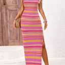 PRETTYGARDEN Womens Maxi Tank Spring Dress Sleeveless Crew Neck Striped Side Slit Casual Long Bodycon Dresses (Pink, XL)