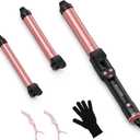 Automatic Curling Iron 1 Inch with 3-in-1 Interchangeable Barrels, Anti-Tangle Beach Waves Hair Curler, Beginner Friendly Dual Voltage Travel Curling Wand for Long Short Hair Pink, Gifts for Women Pro (Blush Red)