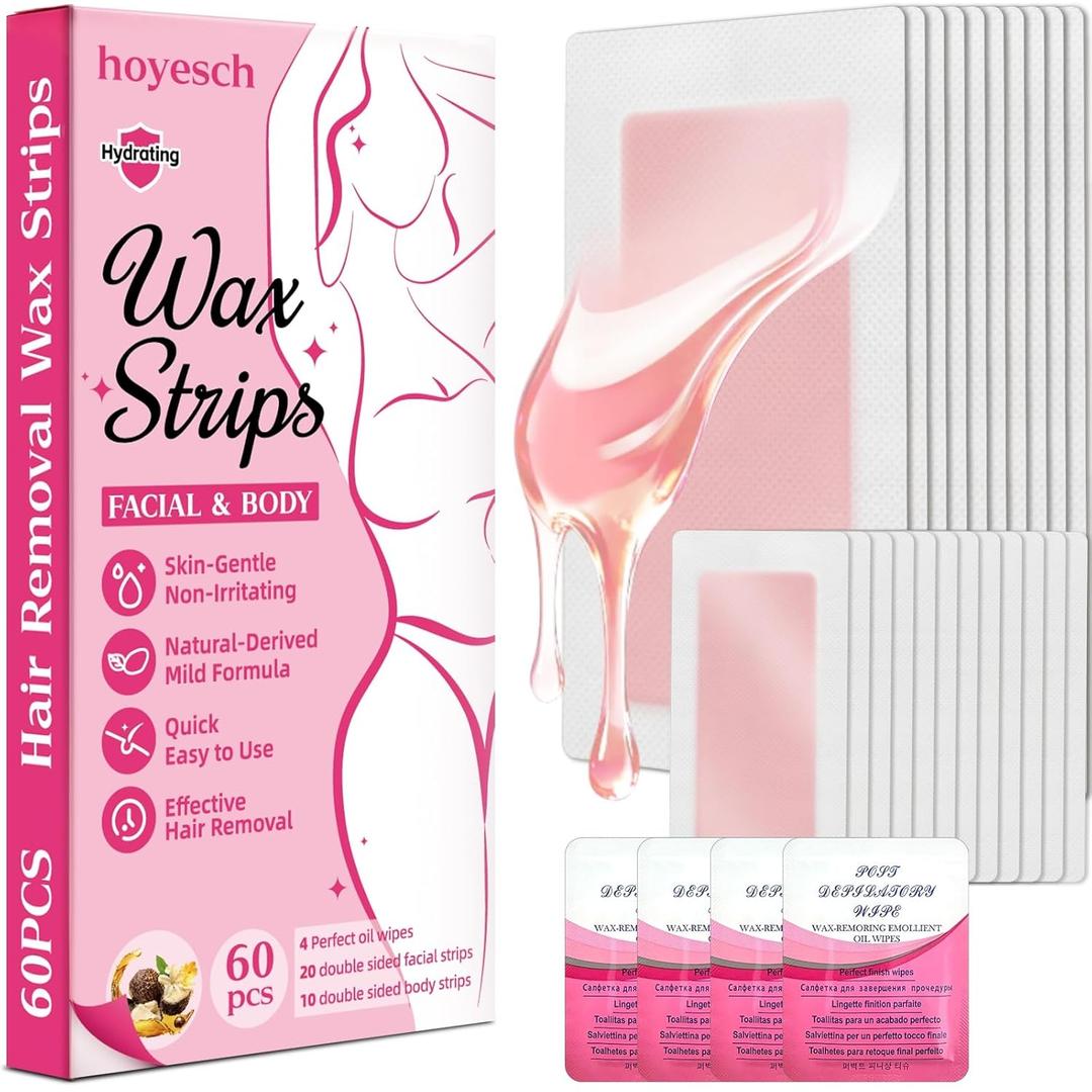 60 PCS Wax Strips - 40 Facial & 20 Body Waxing Kit for Women s Hair Removal,Wax Strips for Face,Eyebrow,Body, Arms, Legs, Chest, Back, Bikini/Brazilian Waxing Strips & 4Calming Oil Wipes (60 Count (Pack of 1))