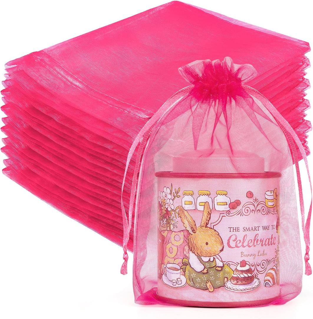 Crweety 50 Pcs 5x7 Inch Hot Pink Organza Bags, Small Mesh Gift Bags for Birthday, Baby Shower, Bridal Shower Party Favor, Candy, Christmas Treat, Delicate Jewelry Pouches for Valentine Mother's Day