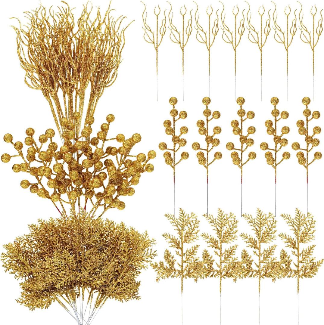 75 Pcs Christmas Glitter Branches 3 Styles Artificial Christmas Picks Berries Stems Pine Needles Floral Twig Spray for Xmas Tree Ornaments DIY Wreath Garland(Gold)