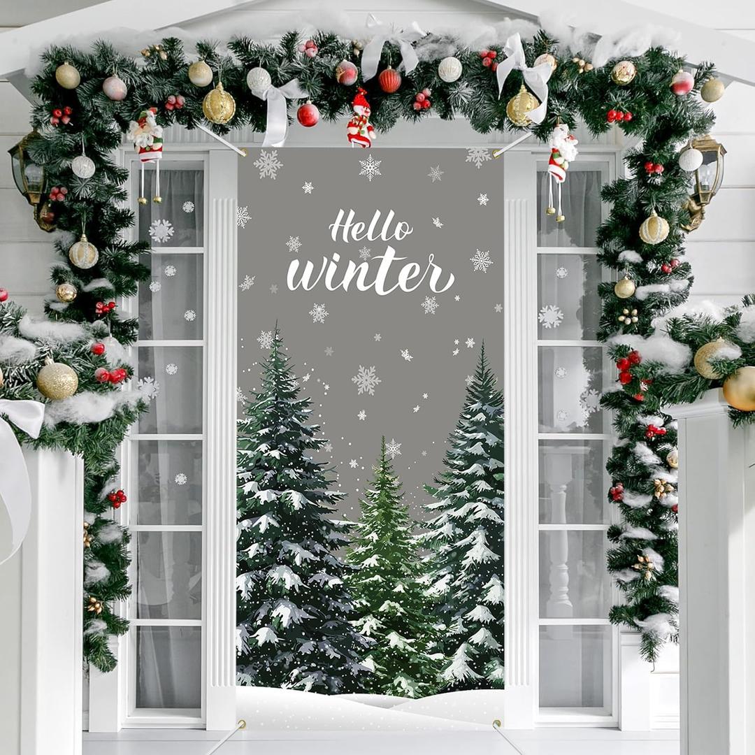 Winter Door Cover Decoration Hello Winter Front Door Cover Banner Christmas Forest Decoration Backdrop for Xmas Party Indoor Outdoor Decor Background 70.9 x 35.4in