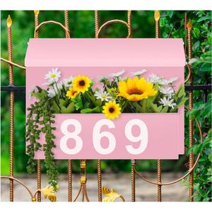 Wall-Mount Mailbox with Flag, Large Capacity Mailboxes for Outside House with Planter & 3 Sets of 0-9 Mailbox Number Stickers, Galvanized Steel Rust-Proof Post Box Metal Mail Box (Pink)