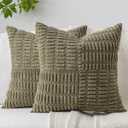 DEZENE Patchwork Throw Pillow Covers Set of 2 Striped Soft Corduroy Square Decorative Couch Pillow Cases Boho Accent Farmhouse Home Decor for Bed Sofa Living Room, Olive Green, 18x18-Inch