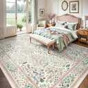 8x10 Area Rugs, Machine Washable Low Pile Floral Rugs for Living Room, Bedroom, Large Boho Area Rug with Non-Slip Backing for Dining Room(Pink Floral)