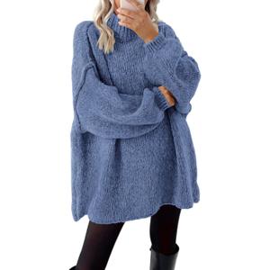 BTFBM Sweaters for Women Fall 2026 Long Sleeve Mock Neck Cable Knit Oversized Sweater Pullover Tops Thick Winter Clothes (XX-Large, Blue)
